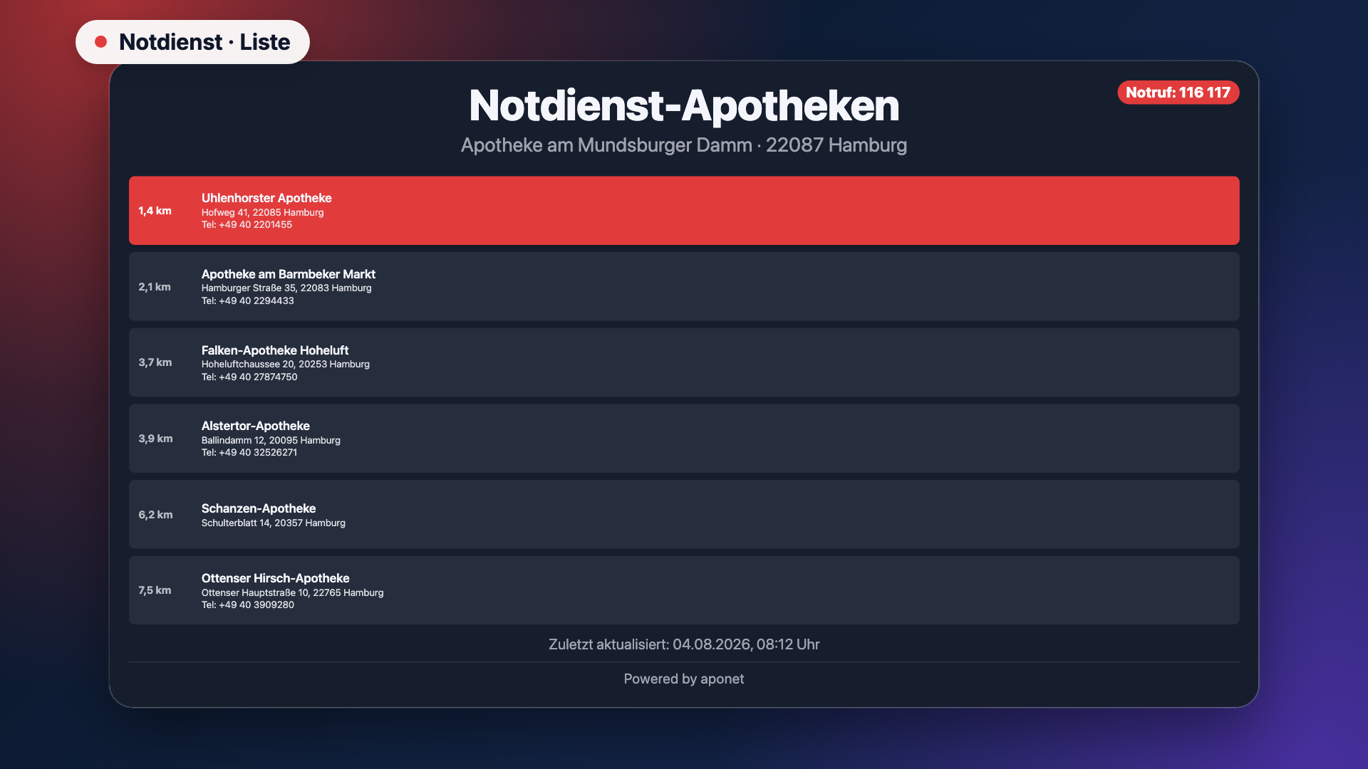 Notdienst als Liste